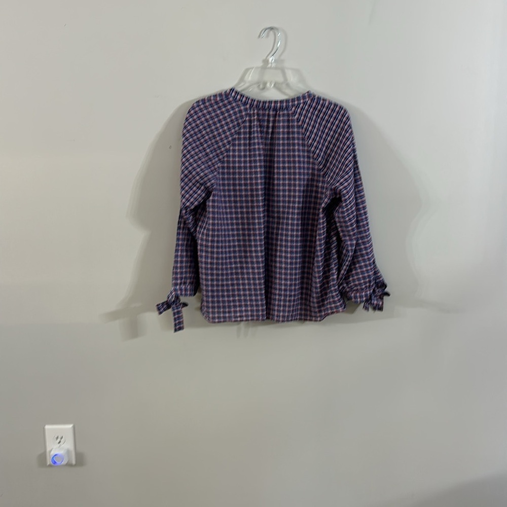 Madewell 79 cotton 21 linen L popover plaid blouse red blue white tie sleeves - Picture 6 of 8